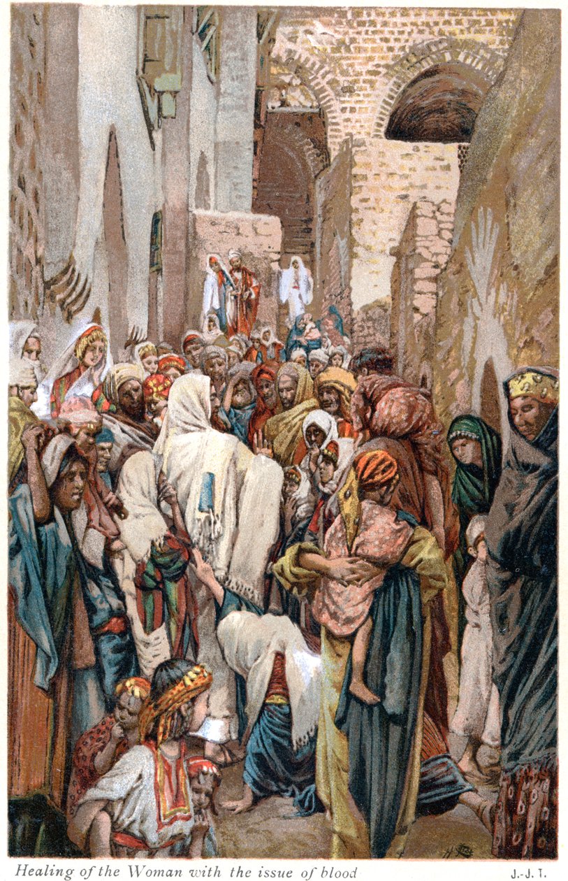 Kvinna med blod som rör vid kanten av Jesu klädesplagg och blir helad, c1890 av James Tissot