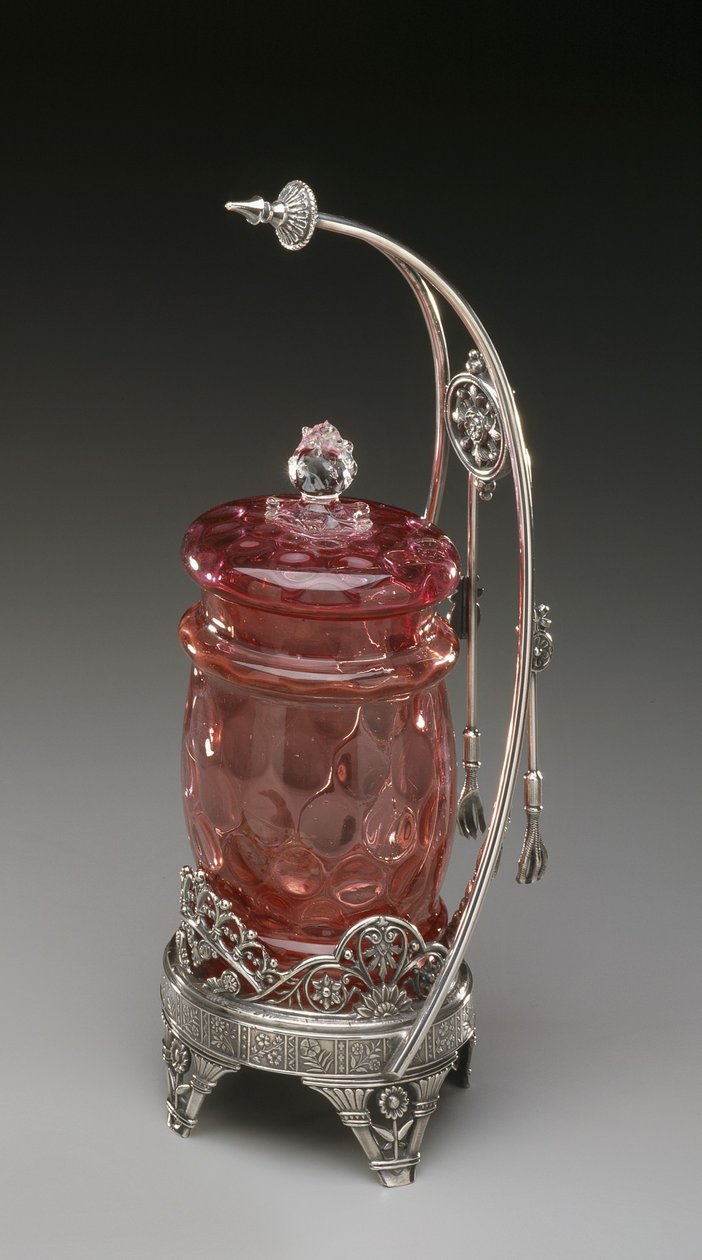 Pickleburk på stativ med tång, ca 1885 (silverplatta & blåst glas) av James W. Tufts Co.
