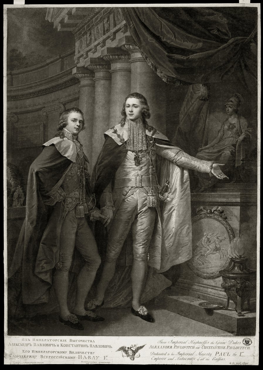 Porträtt av storhertigarna av Ryssland Alexander I Pavlovich (1777-1825) och Constantin Pavlovich (1779-1831). Verk av James Walker (1748-cirka 1808), gravyr 1797. Engelsk konst av James Walker