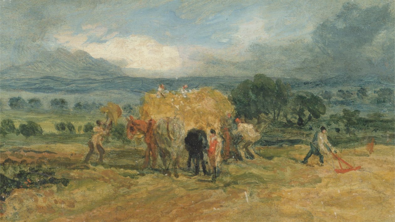 En skördescen med arbetare som lastar hö på en bondvagn (olja på panel) av James Ward