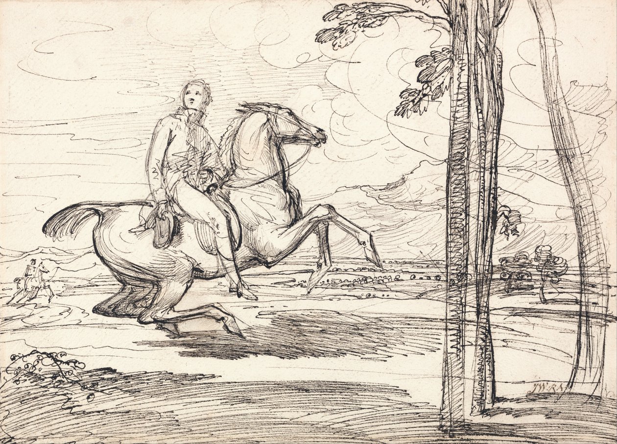 En ryttare i ett landskap: Förmodligen en studie till "Theophilus Levett Fox-hunting in Wychnor Park" av James Ward