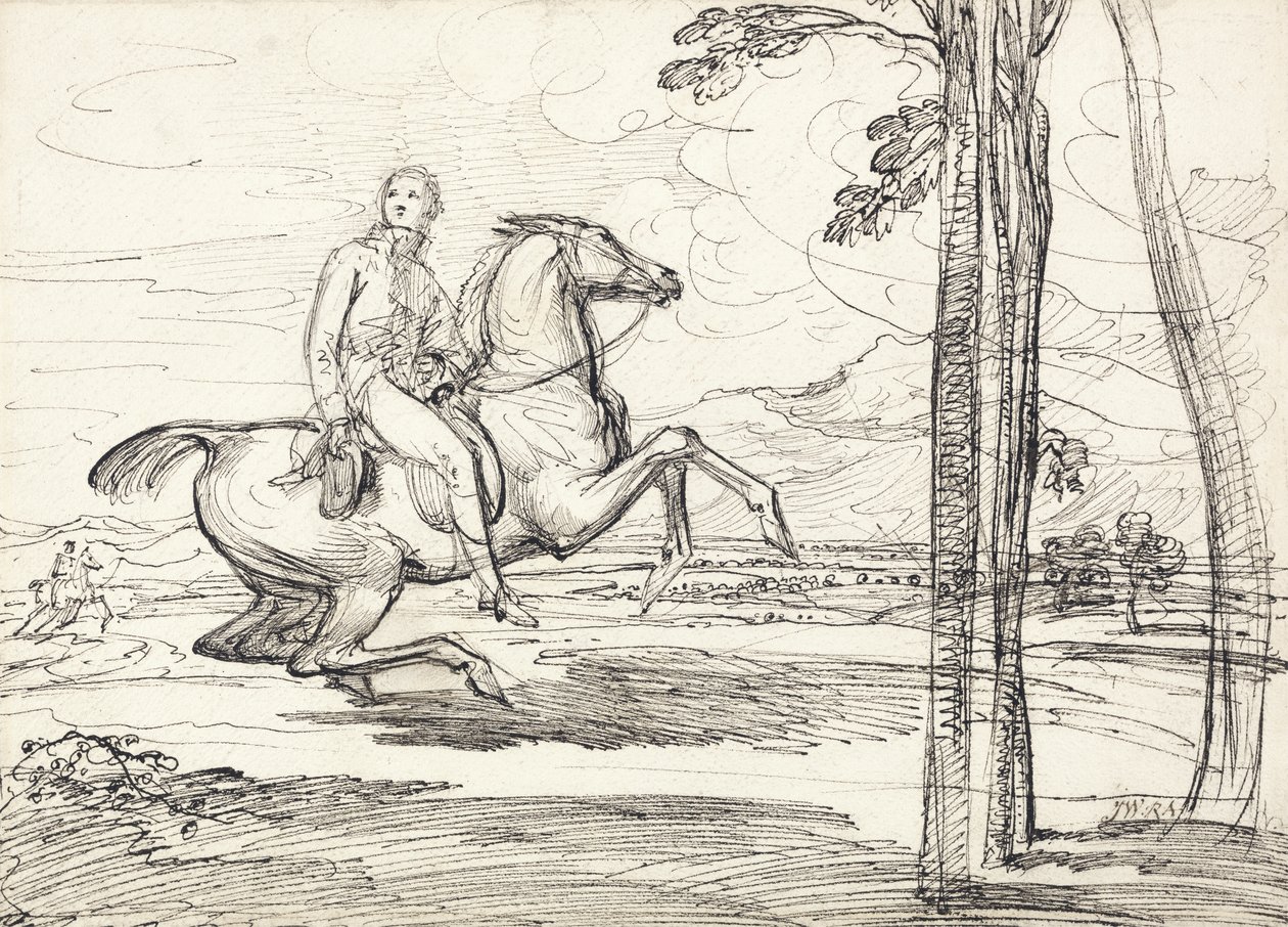 A Horseman in a Landscape, förmodligen en studie för "Theophilus Levett Fox Hunting in Wychnor Park" av James Ward