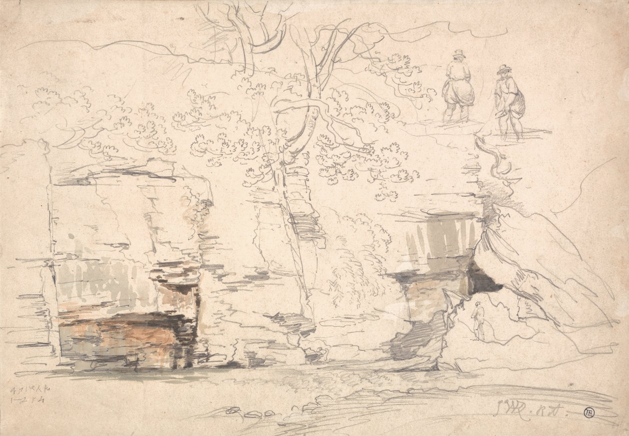 En klippig bergssluttning med träd och figurer av James Ward