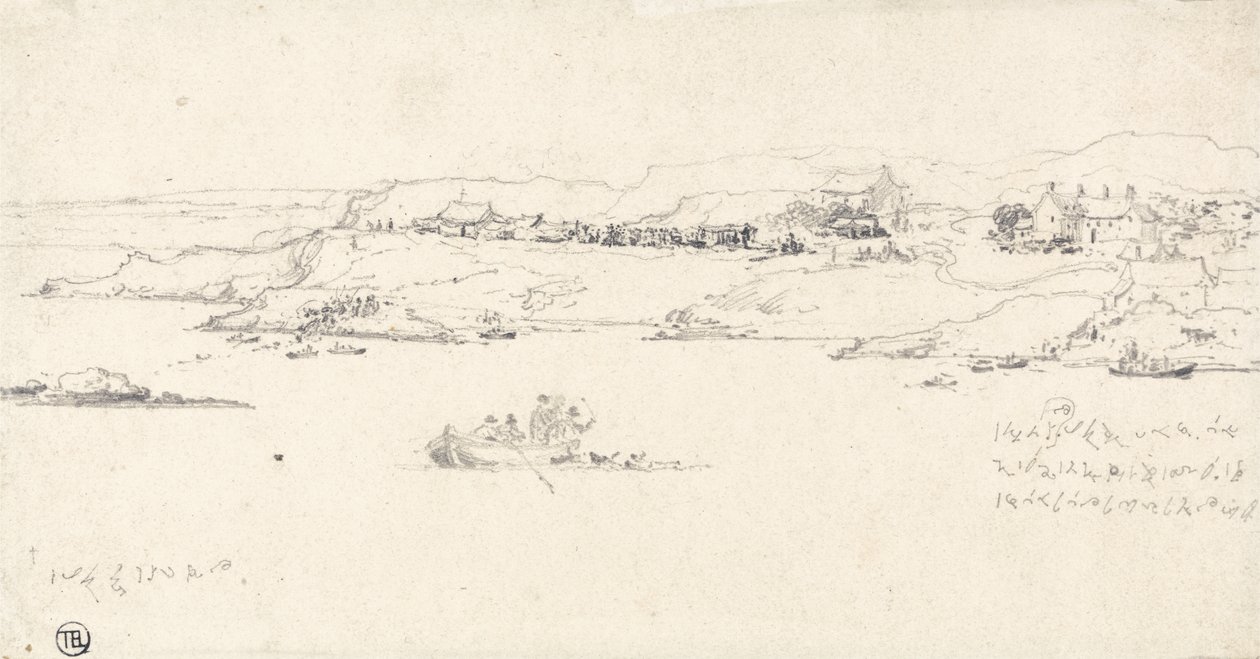 Kustby med fiskebåtar (penna på papper) av James Ward