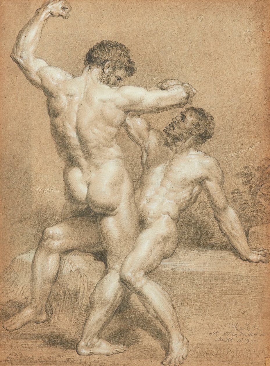 Figurstudie - brottarna (penna och pastell på gulfärgat papper) av James Ward