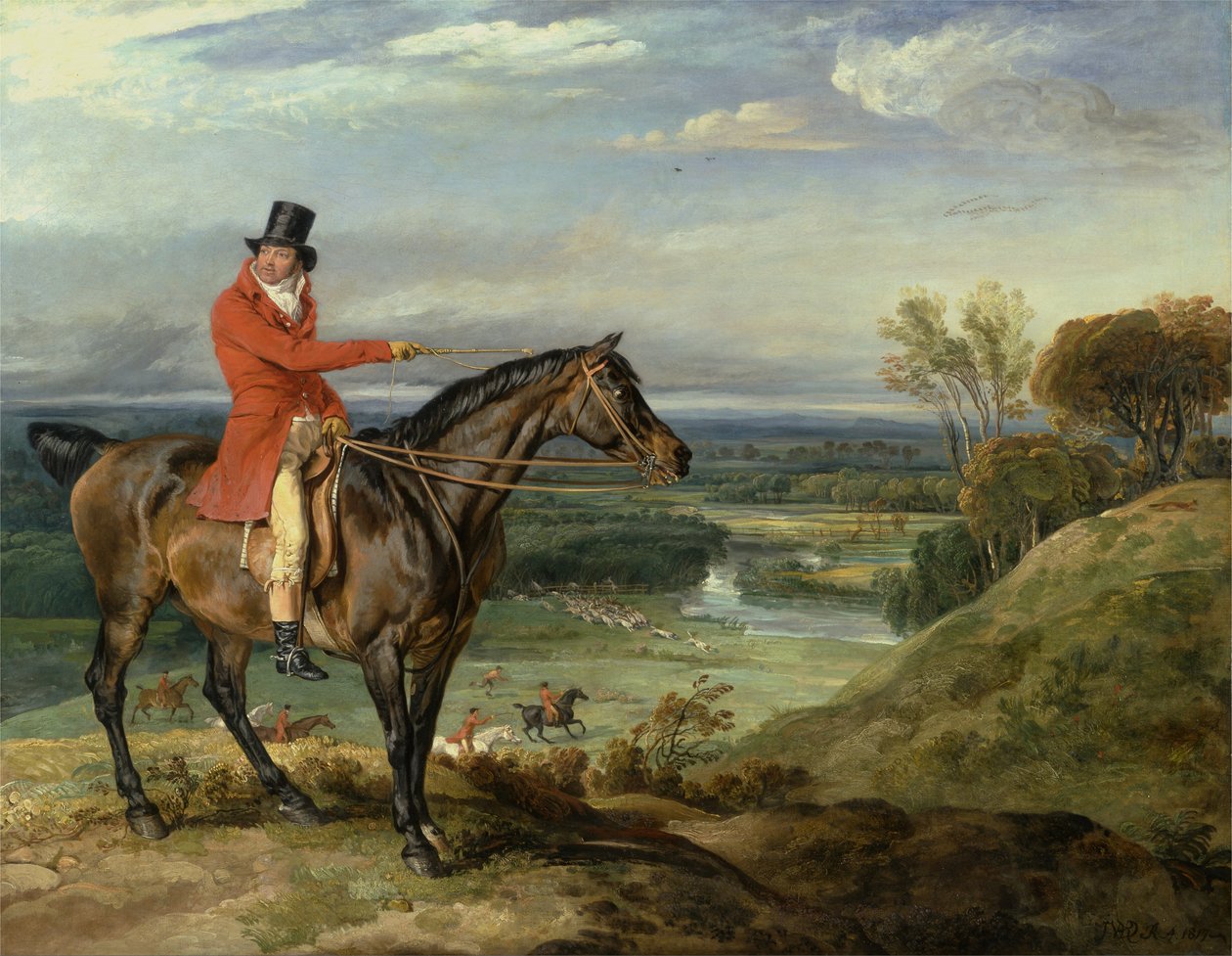 John Levett på jakt i Wychnor, Staffordshire [alternativ titel: Theophilus Levett och en favoritjägare) av James Ward
