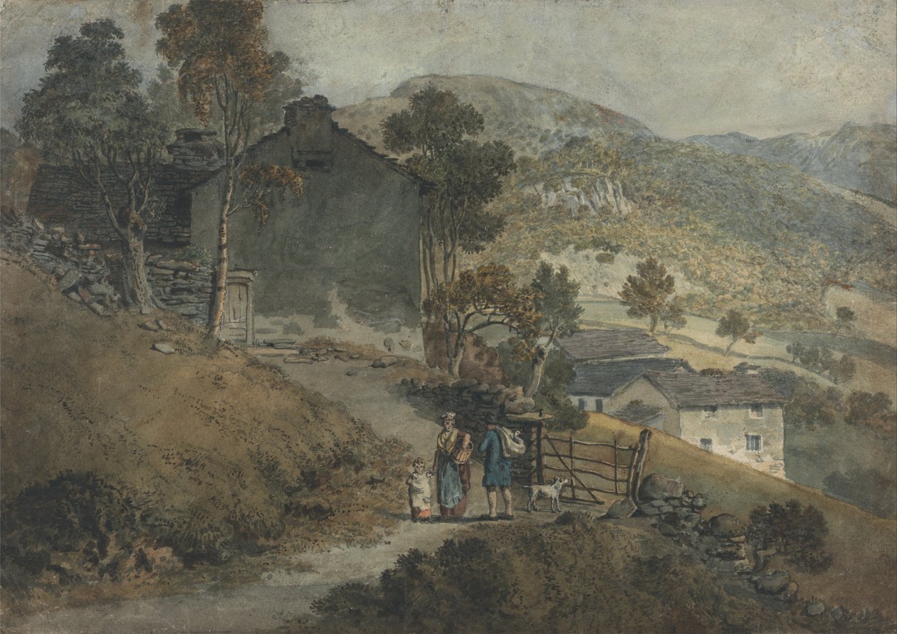 Landskap med stugor och figurer av James Ward