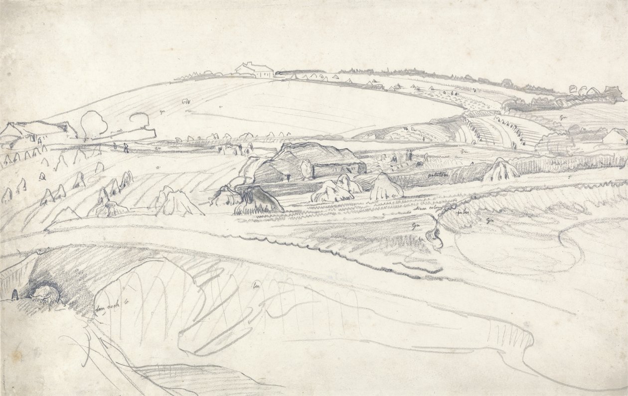 Landskap med gård och majsstockar (penna på papper) av James Ward