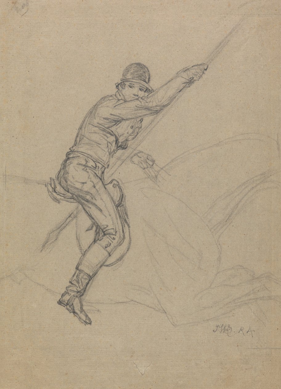 Sir Charles Blunt (f.1775) Hunting the Boar and Escape from the Tiger: en studie för en av en uppsättning av fyra målningar gjorda 1815 (penna förhöjd med vitt på grått papper) av James Ward