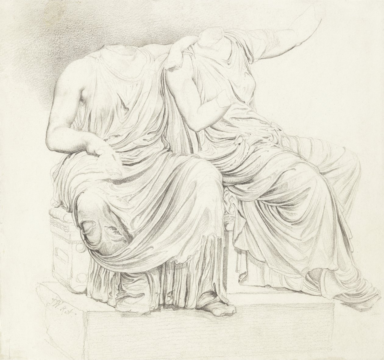 Studie av två huvudlösa klassiska statyer (penna på papper) av James Ward