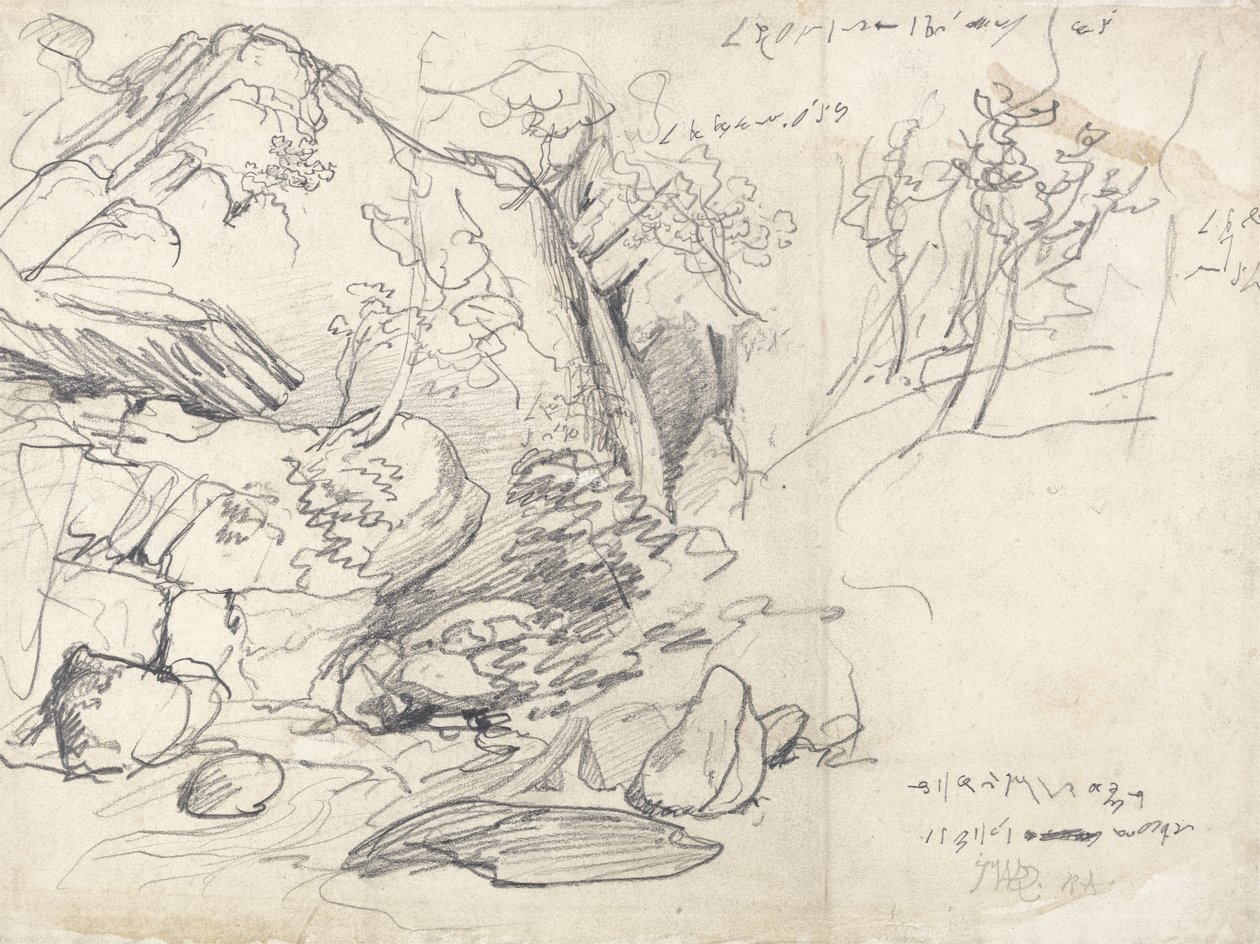 Studie av ett berg med träd (svart krita på papper) av James Ward