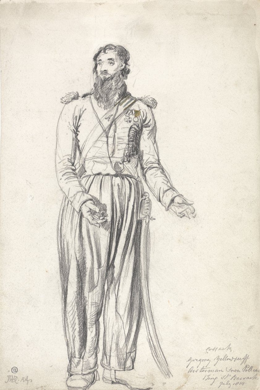 Kosacken, Gregory Yelloserf, juli 1814 (svart krita och akvarell på papper) av James Ward