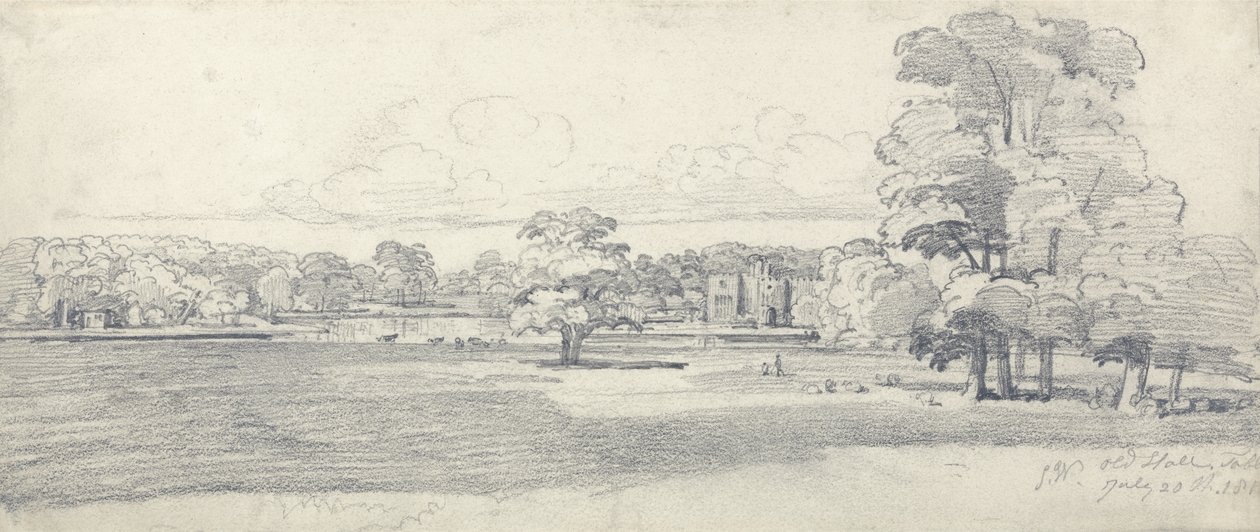 The Old Hall, Tabley, Surrounded by Parkland, 20 juli 1814 (penna på papper) av James Ward