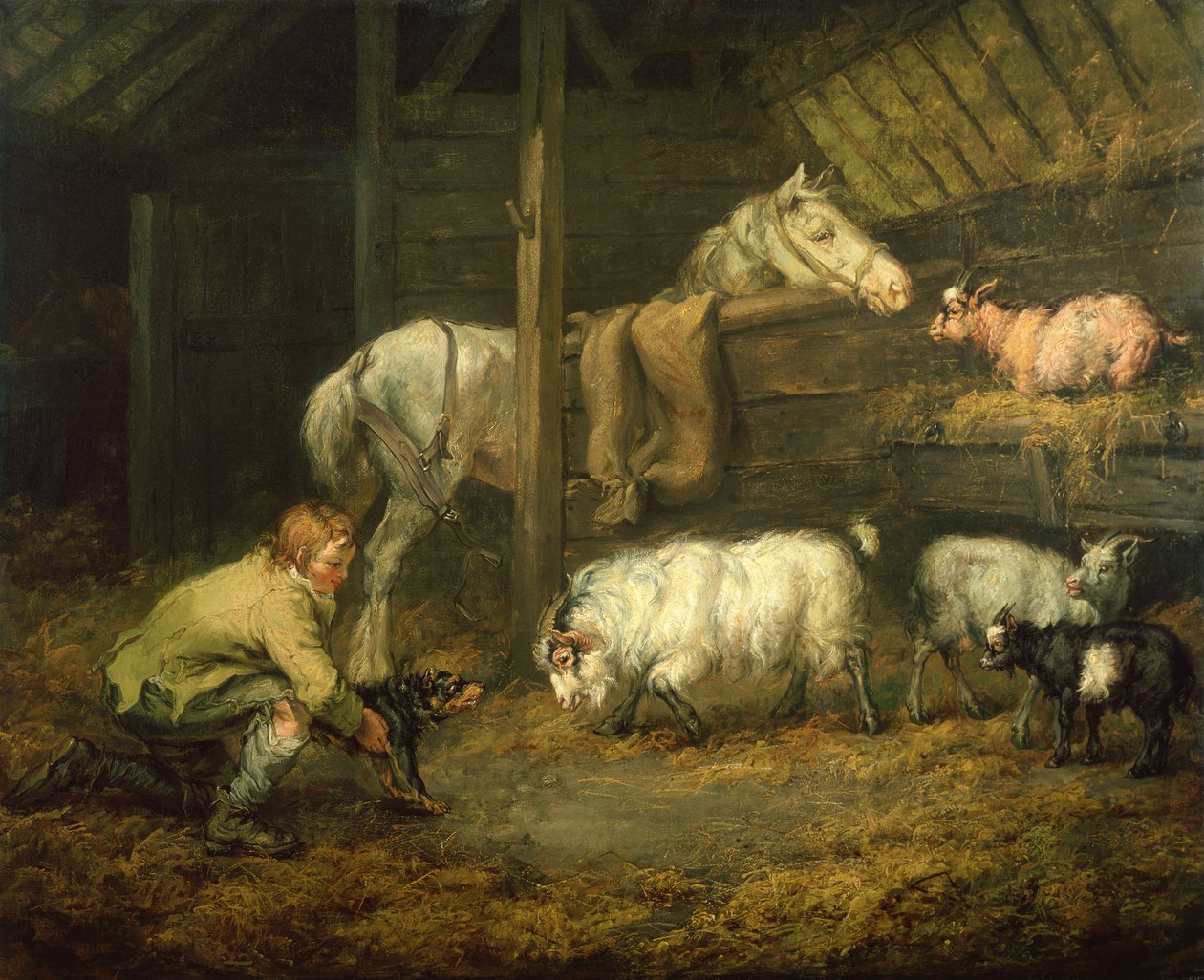 Ung pojke och hans hund i ett stall med en häst och får (olja på duk) av James Ward