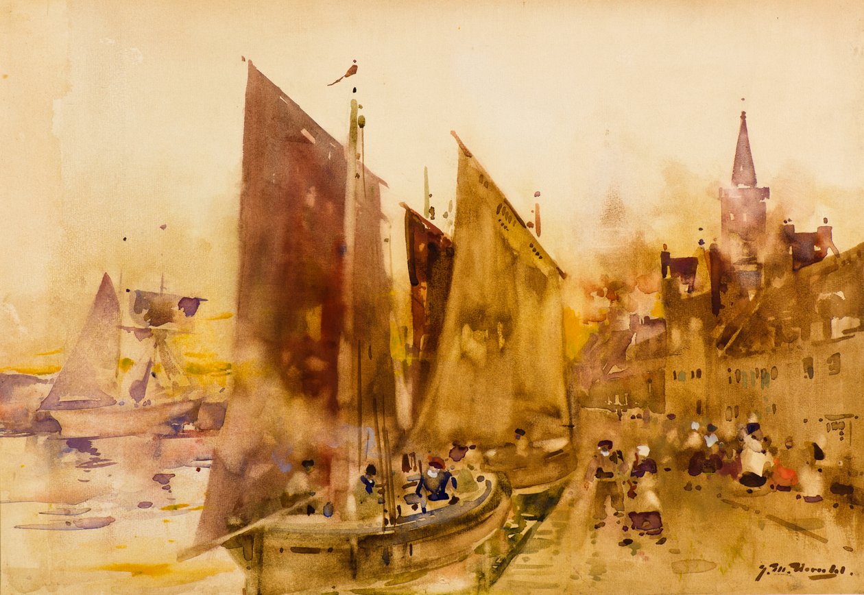 Ferry Fishing Boats at the Quayside, Montrose (akvarell) av James Watterston Herald