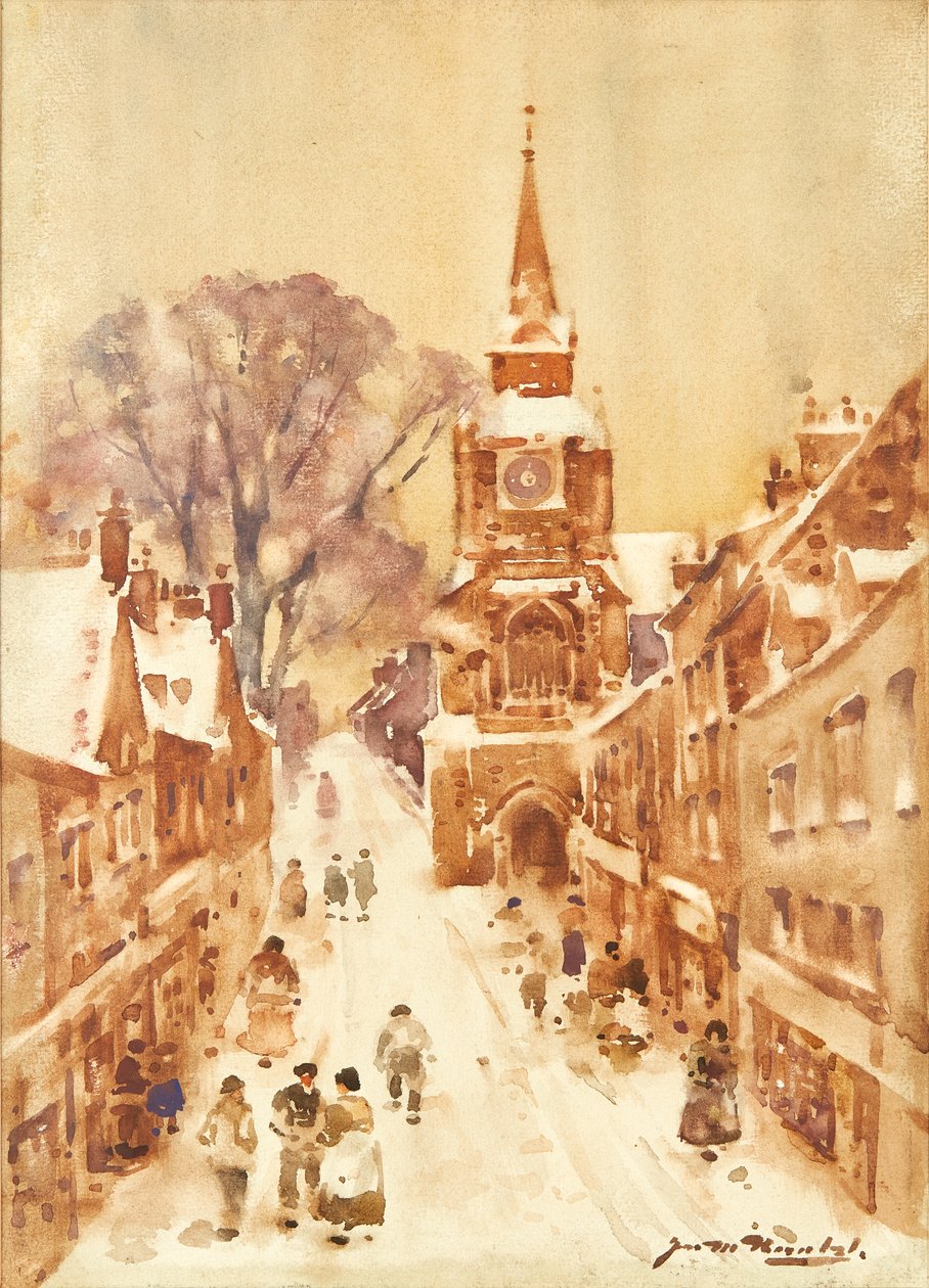 Winter Street Scene (akvarell) av James Watterston Herald