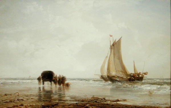 På stranden: Två fiskebåtar och en grupp kvinnor (olja på panel) av James Webb