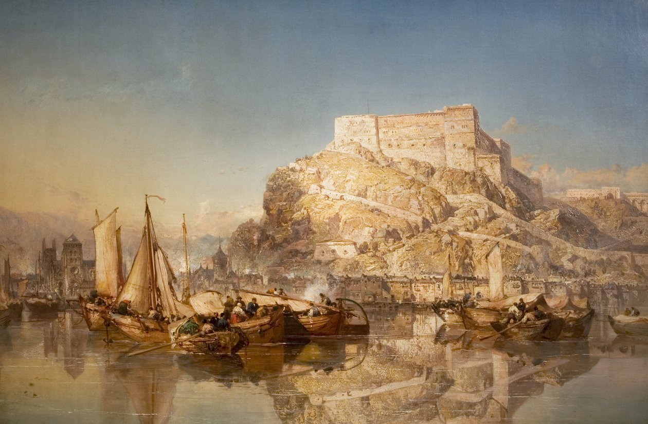 Staden och fästningen Huy vid floden Meuse, 1880 av James Webb
