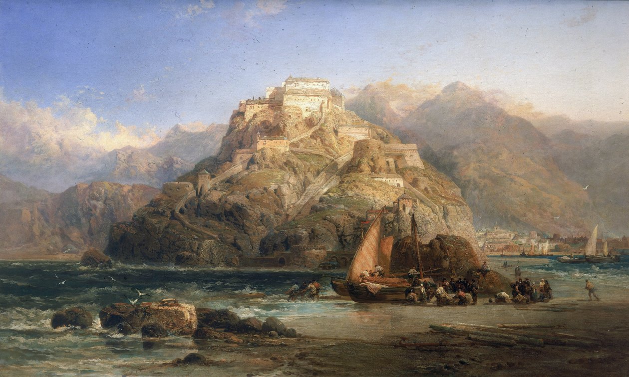 Vy över San Sebastian (Spanien), i mitten Mount Urgull och byggnaderna i slottet Santa Cruz de la Mota. Olja på duk av James Webb (verksam mellan 1853 och 1888). av James Webb