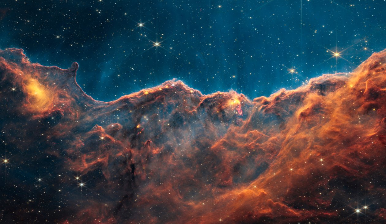 Carina Nebula Jets (NIRCam Narrowband Filters Compass Image) Omärkt av James Webb Space Telescope (NASA)