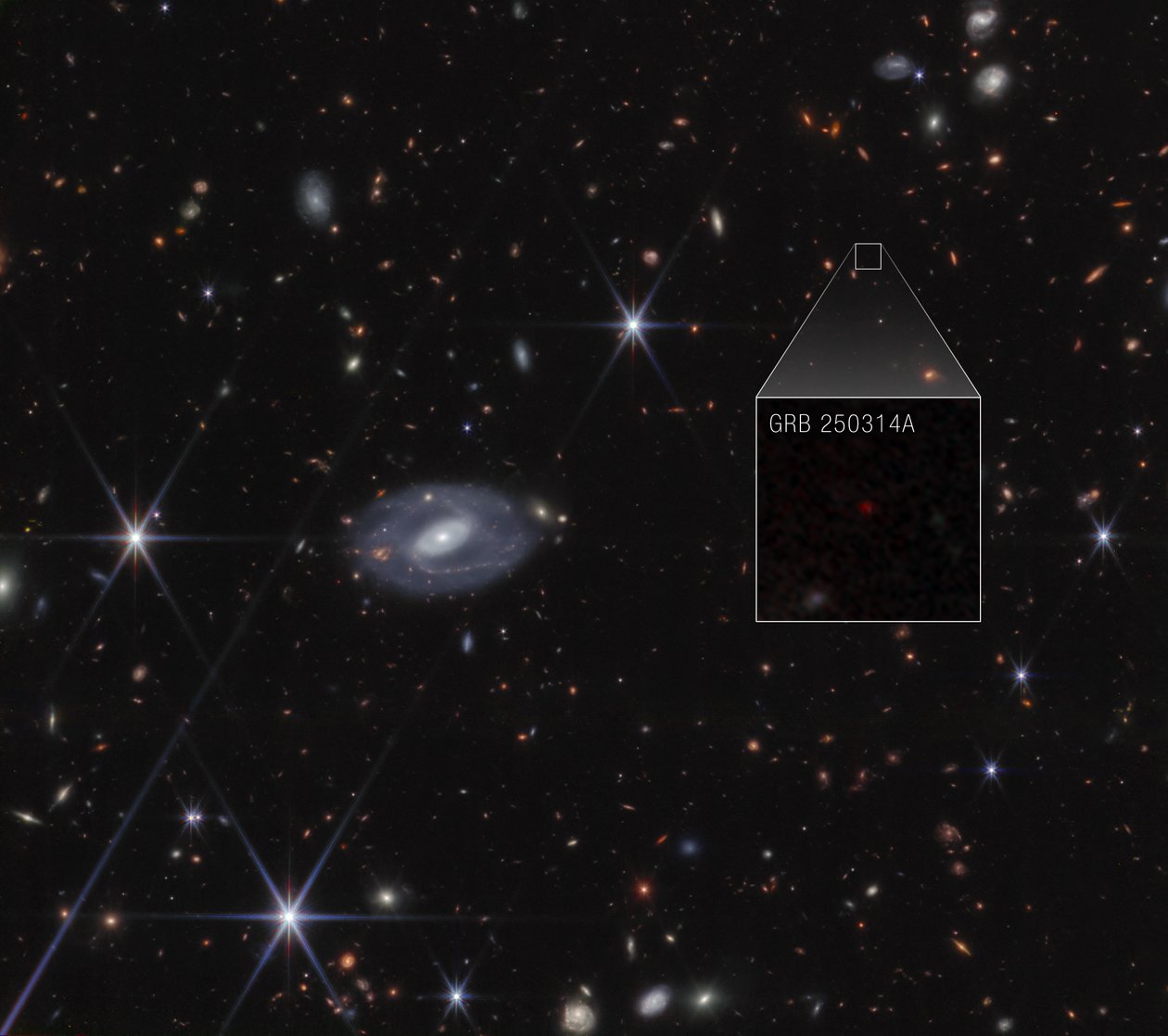 GRB 250314A – Närbild (bild från NIRCam) av James Webb Space Telescope (NASA)