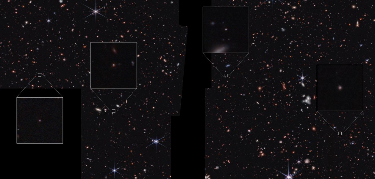 Galaxer i CEERS-fältet (bild tagen med NIRCam) av James Webb Space Telescope (NASA)