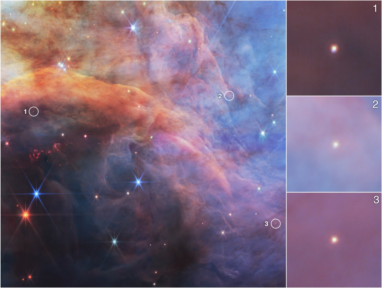 Lågmassiva objekt i Flamnebulosan (bild från NIRCam) av James Webb Space Telescope (NASA)
