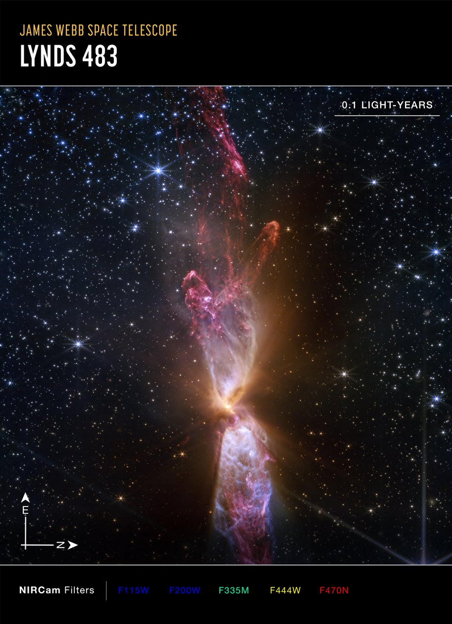 Lynds 483 (bild från NIRCam Compass) av James Webb Space Telescope (NASA)