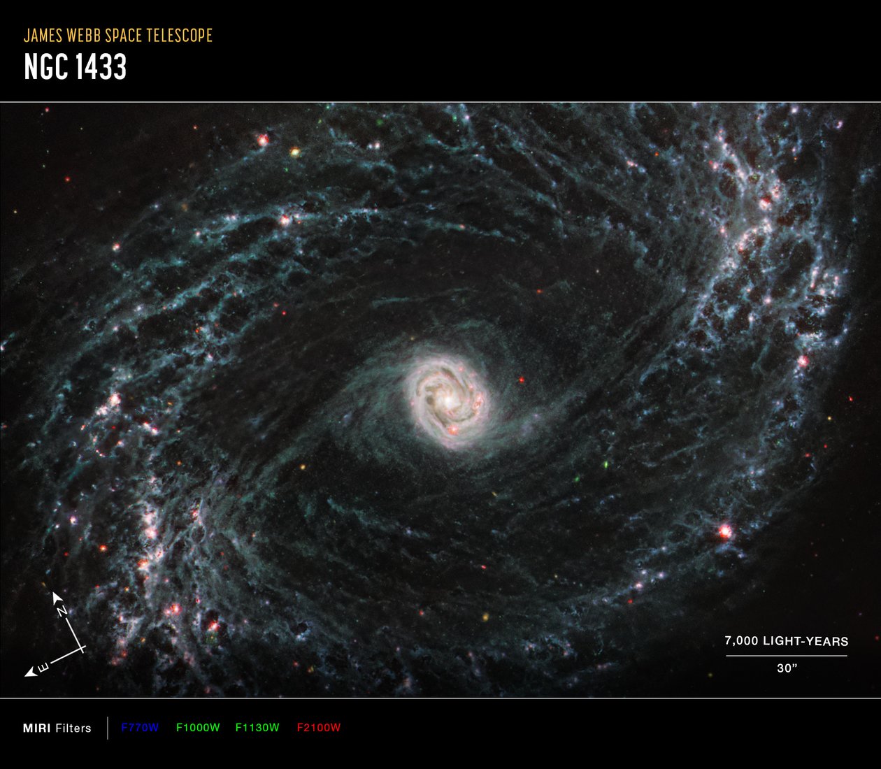NGC 1433 (MIRI kompassbild) av James Webb Space Telescope (NASA)