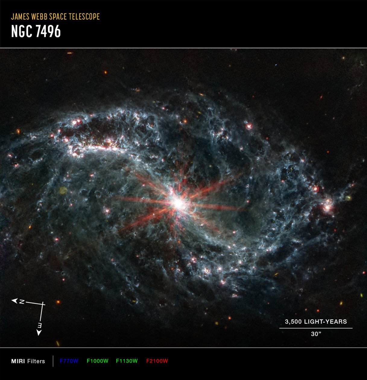 NGC 7496 (MIRI kompassbild) av James Webb Space Telescope (NASA)