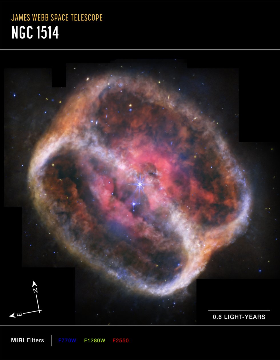 Planetnebulosan NGC 1514 (bild från MIRI Compass) av James Webb Space Telescope (NASA)