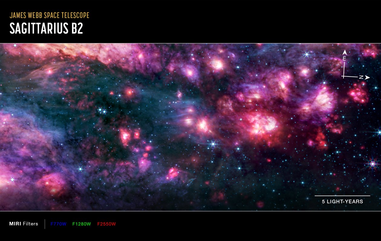 Sagittarius B2 (bild tagen med MIRI Compass) av James Webb Space Telescope (NASA)