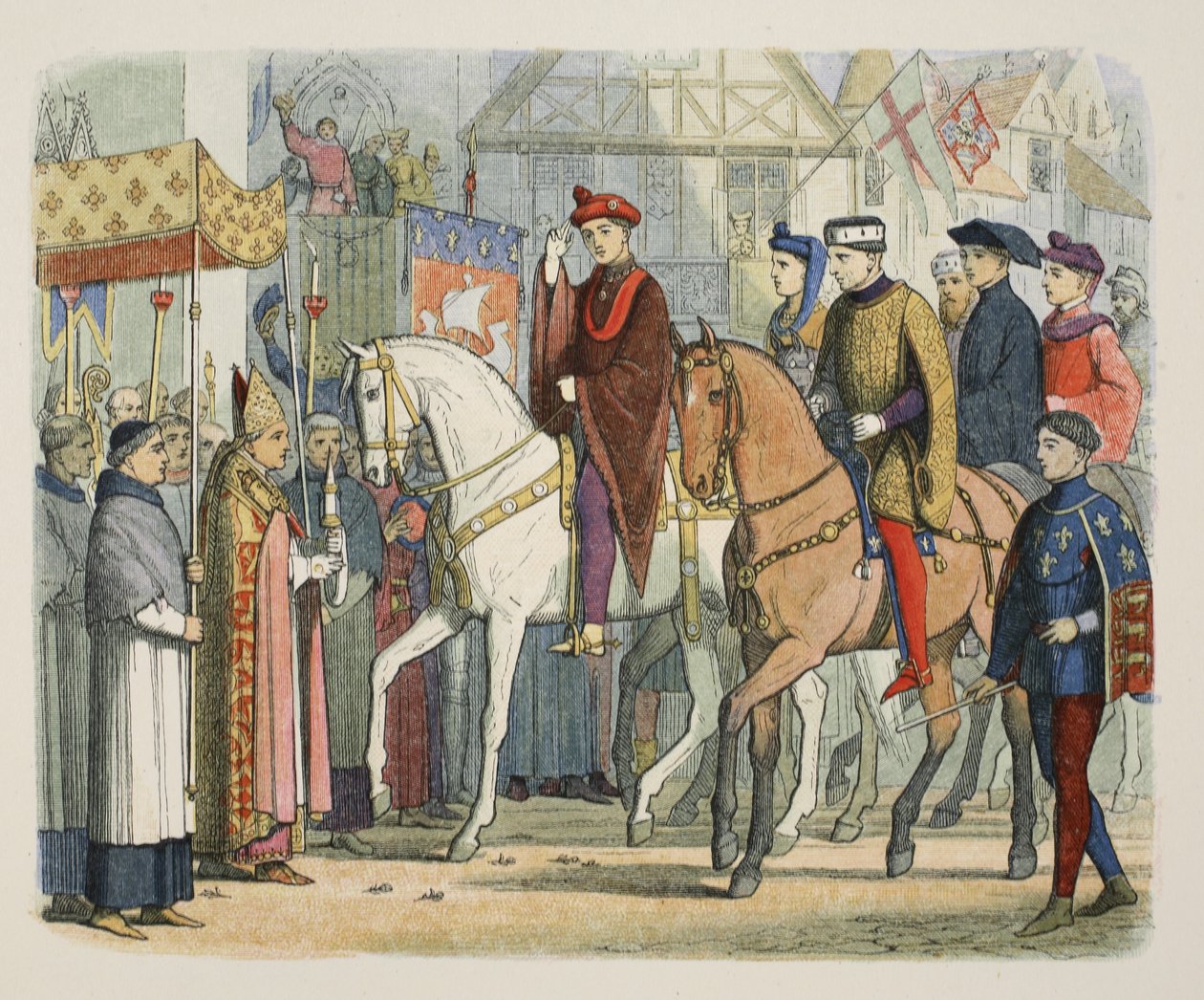 Charles VI av Frankrike och Henry V välkomnades av prästerskapet, 1 december 1420, från A Chronicle of England BC 55 BC till AD 1485, pub. London, 1863 av James William Edmund Doyle