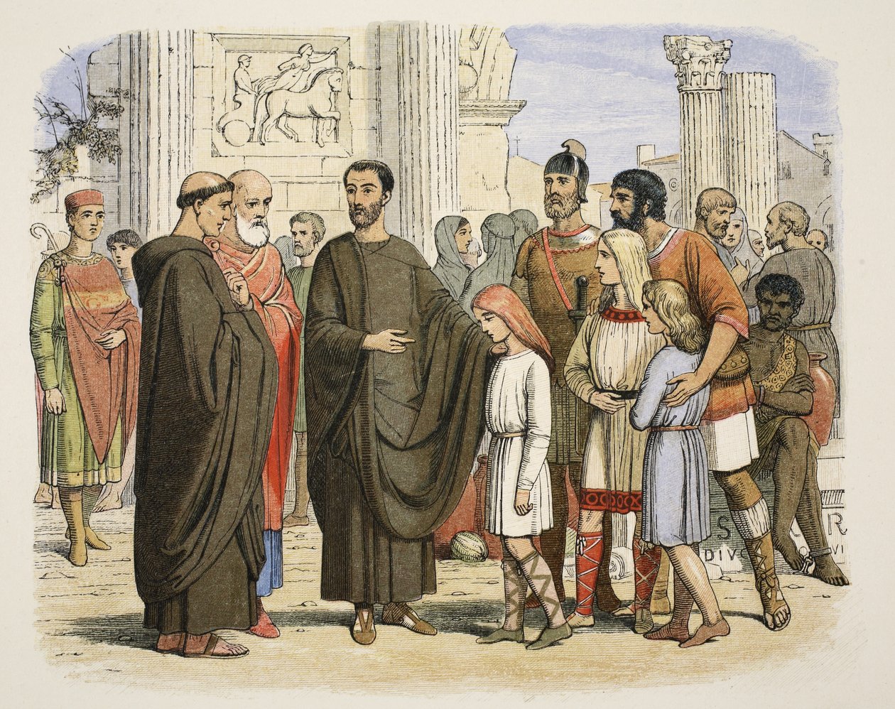 Gregory och de engelska slavarna i Rom, 590 AD, från A Chronicle of England BC 55 till AD 1485, pub. London, 1863 av James William Edmund Doyle