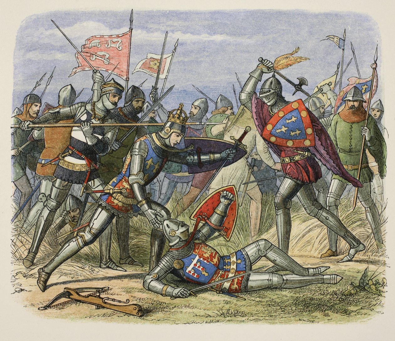 Henry V attackerad av hertigen av Alencon på slagfältet, från A Chronicle of England f.Kr. 55 till AD 1485, pub. London av James William Edmund Doyle