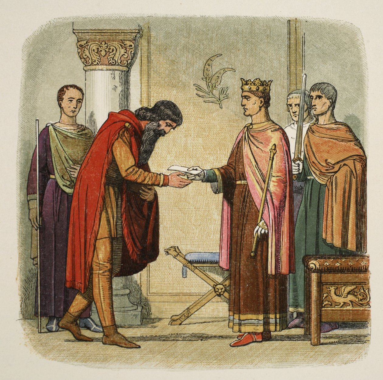 Henrik ger Dermod tillstånd att samla styrkor, 1170, från A Chronicle of England BC 55 to AD 1485, publicerad av A Chronicle of England BC 55 to AD 1485. London, 1863 av James William Edmund Doyle