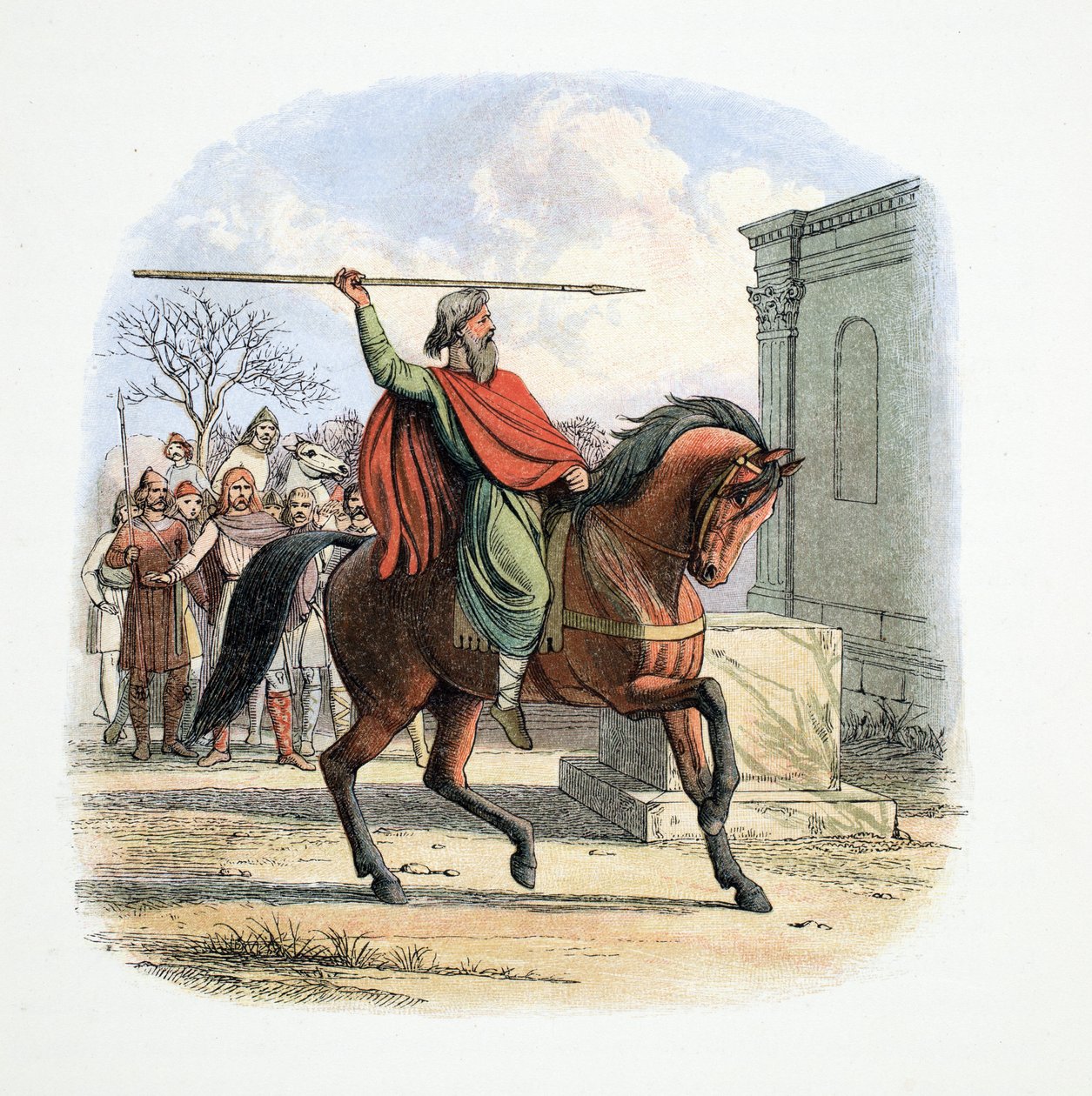 Översteprästen, Coifi, profanerar idolernas tempel, 627 AD, från A Chronicle of England f.Kr. 55 till AD 1485, pub. London, 1863 av James William Edmund Doyle