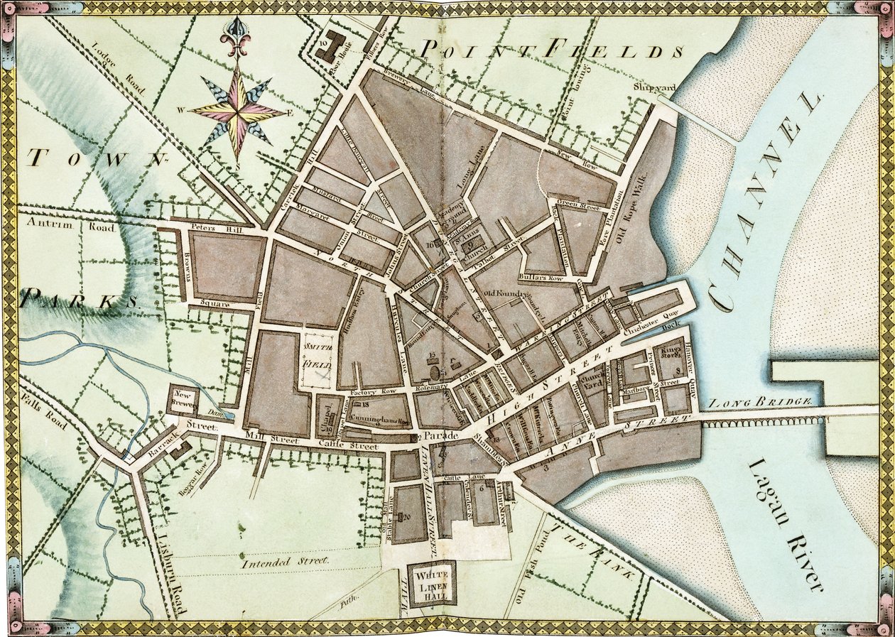 Dubbelsidig vattenfärgsplan av Belfast, c.1795 av James Williamson