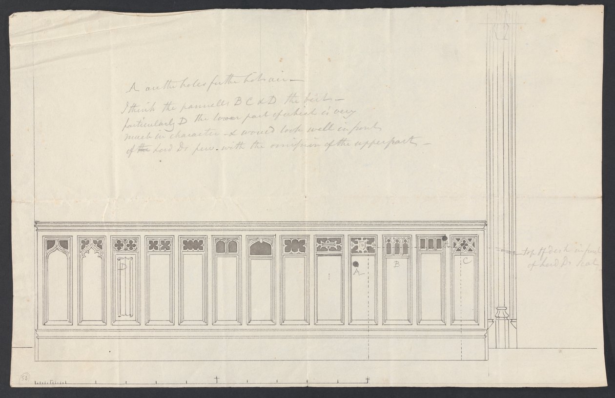 Cobham Hall, Kent: Design för paneling av en bänk av James Wyatt