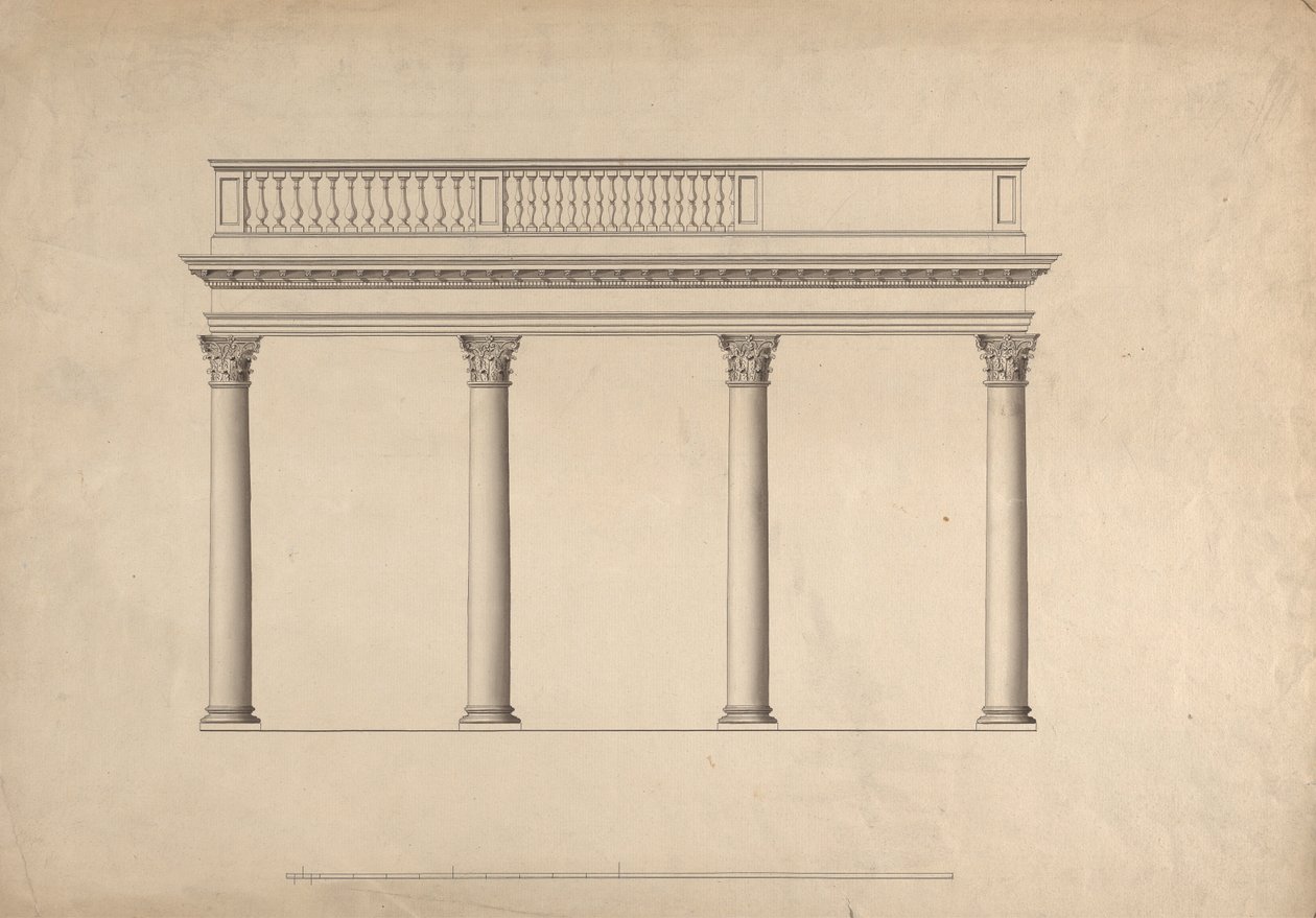 Cobham Hall, Kent: fasadritning av kolonnad med balustradbröstning av James Wyatt