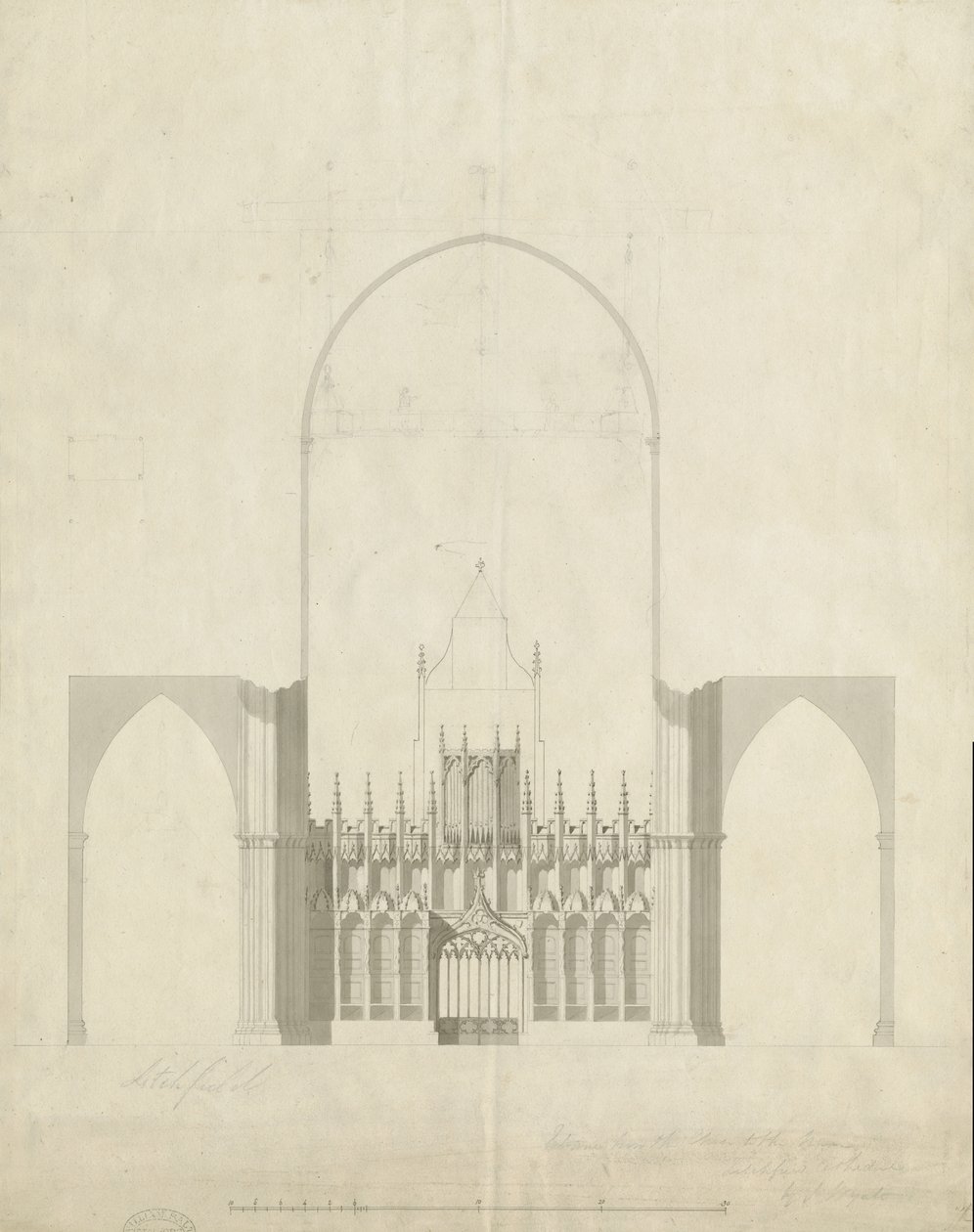Interiör av Lichfield Cathedral - Ingång från Choir to Nave: ritning och tvätt, nd [c 1780] av James Wyatt
