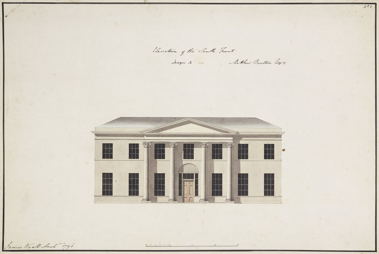 Soho House: Plan över bottenvåningen; Plan över sovrumsvåningen; Höjd av söderfronten, design A, höjd av söderfronten, design B och höjd av norra fronten, 1796 av James Wyatt