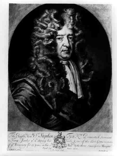 Sir Stephen Fox (1627-1716) 75 år gammal, graverad av J. Simon, 1701 av James after Baker