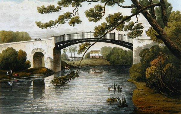 Bro över Rio Cobre, spansk stad, från en pittoresk rundtur på ön Jamaica, graverad av J. Cartwright, 1824 av James after Hakewill