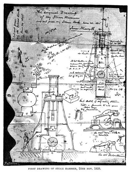 Första teckningen av Steam Hammer, 24 november 1839, från en utriven sida från Nasmyths skissbok, graverad av R. Paterson av James after Nasmyth