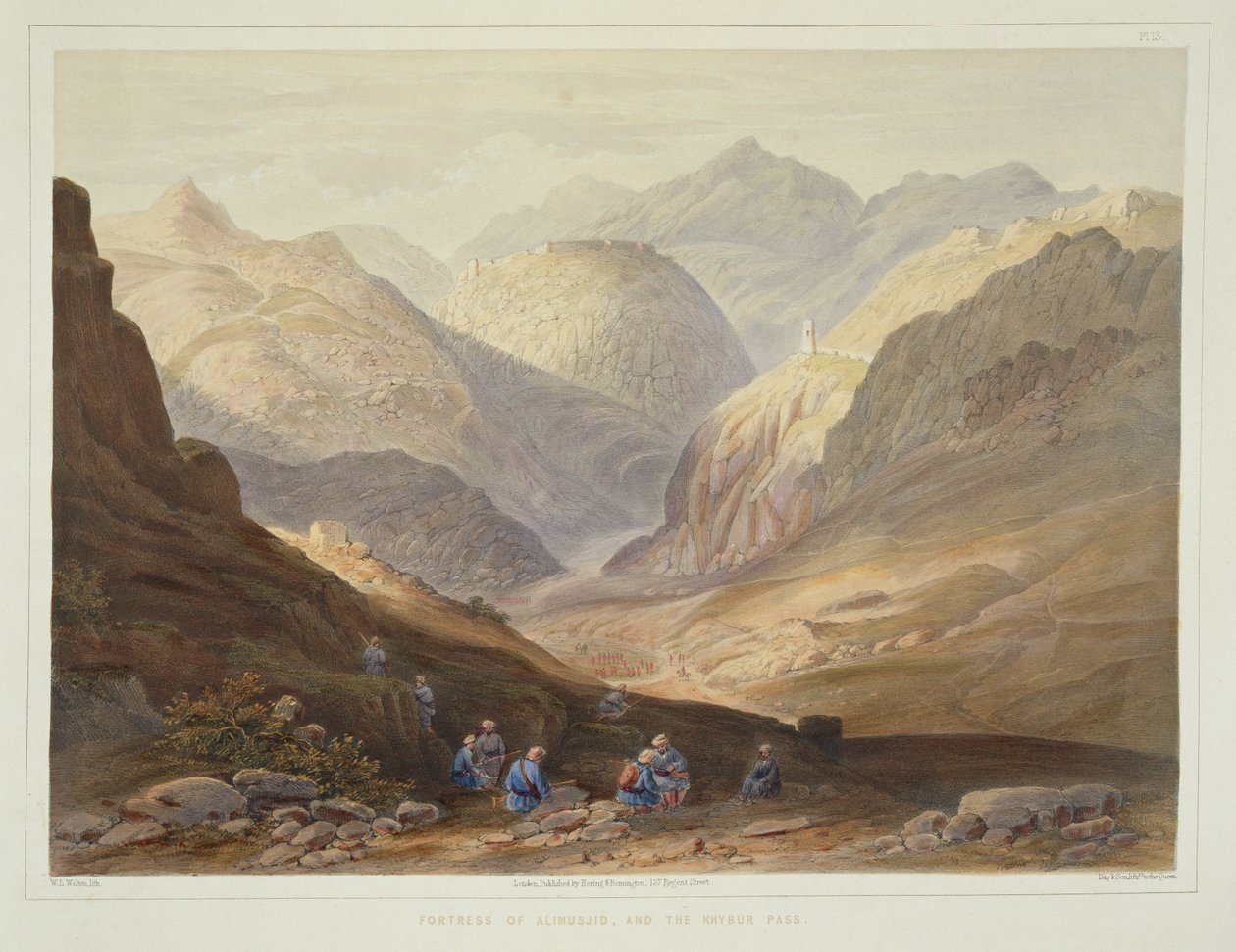 Fortress of Alimusjid och Khybur-passet, skylt 13 från Scenery, Inhabitants and Costumes of Afghanistan, graverad av W.L. Walton, 1848 av James after Rattray