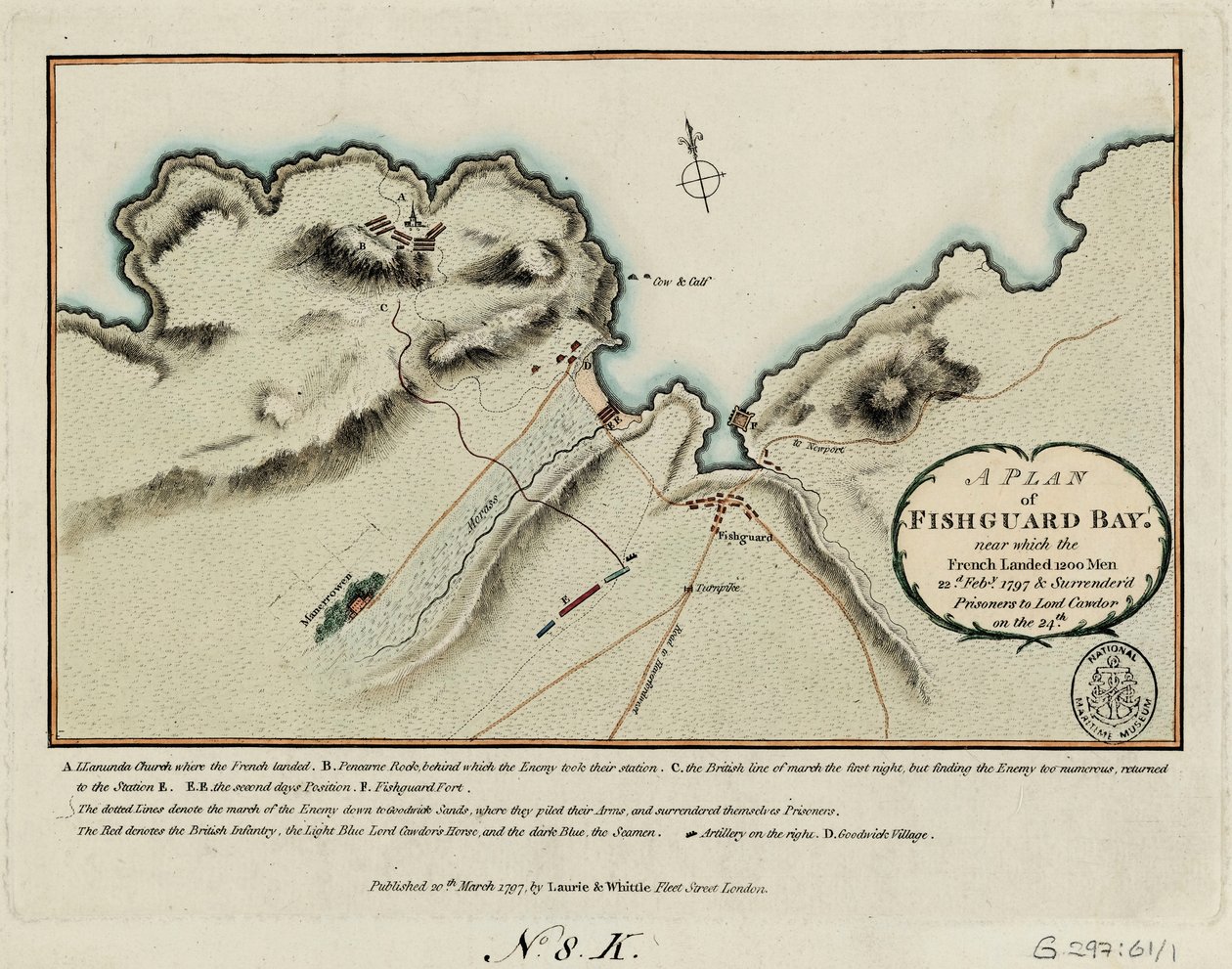 En plan över Fishguard Bay nära vilken fransmännen landsatte 1200 man den 22 februari 1797 och överlämnade fångar till Lord Cawdor den 24 av James and Laurie Robert (1755 1836) Whittle