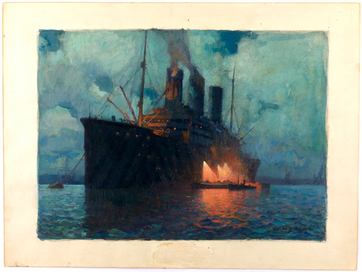 Kolning av en transport på natten, ca 1919 (olja på papp) av James de Vine Aylward