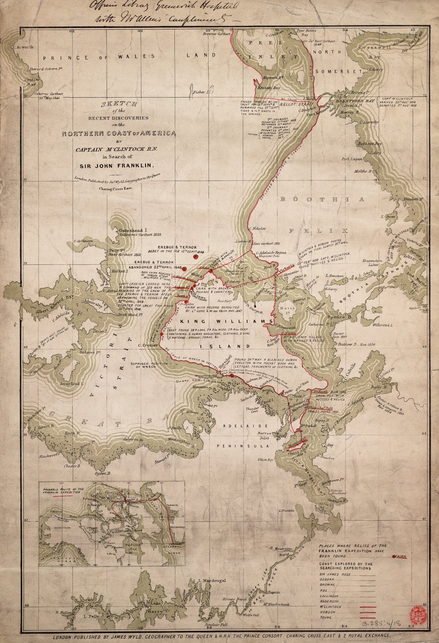 Skiss över kapten McClintock RN:s upptäckter på Amerikas norra kust i sökandet efter Sir John Franklin, ca 1859 (kolorerad gravyr) av James the Younger Wyld