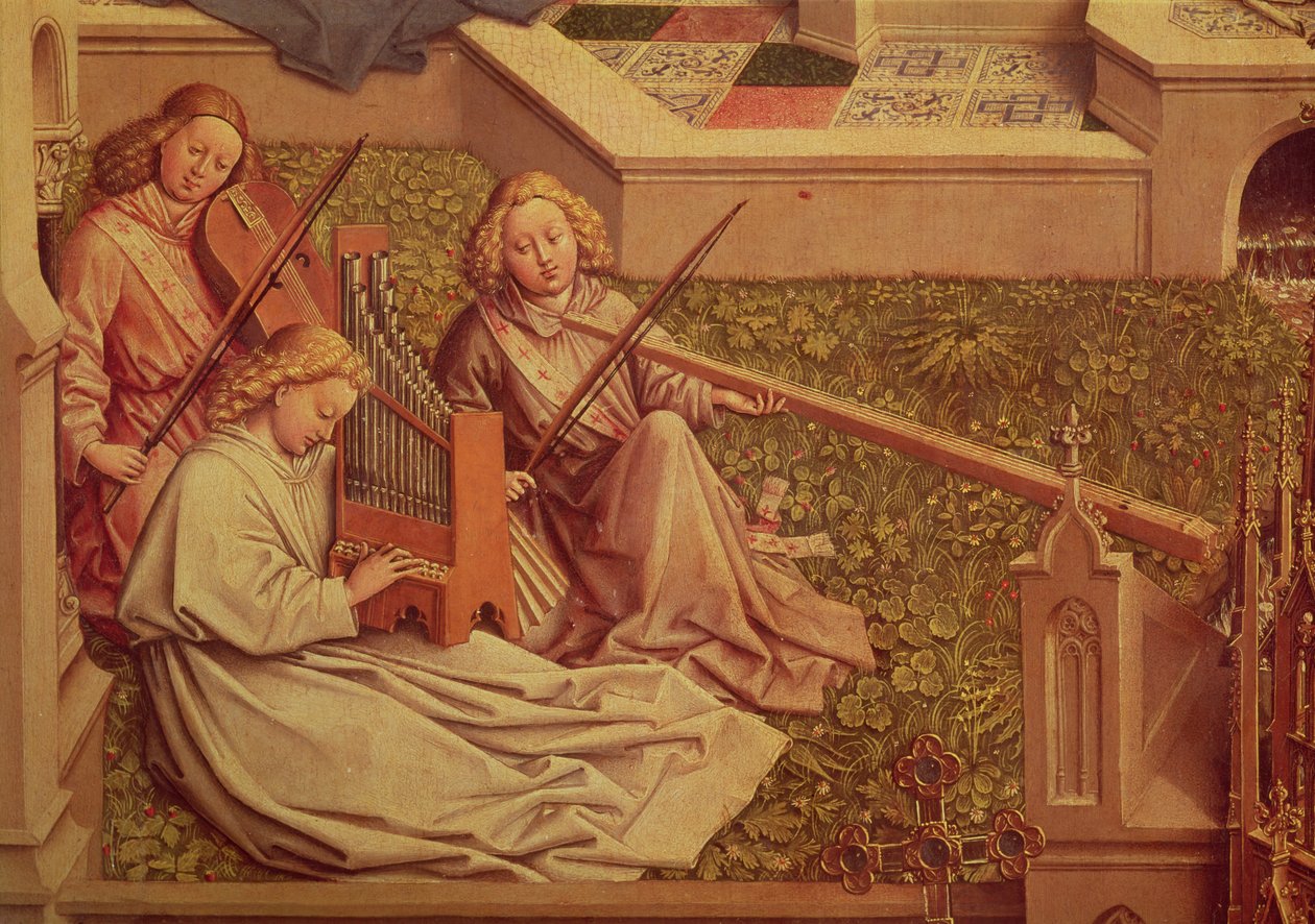 The Fountain of Grace, detalj av tre ängelmusiker av Jan van Eyck